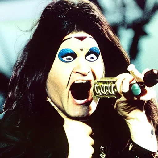 Image similar to ozzy Osborne Eating a man in a bat costume on stage, concert, mascot, crowd