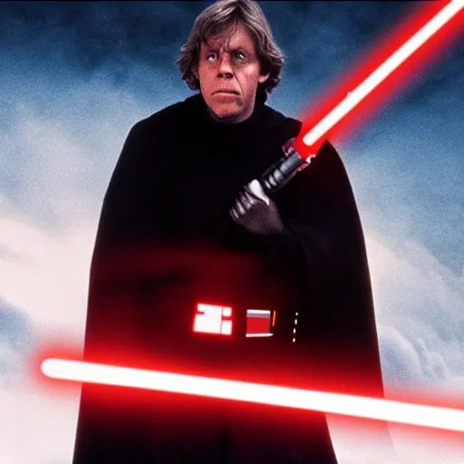 Prompt: A film still of Luke skywalker as a sith lord realistic,detailed,photorealistic