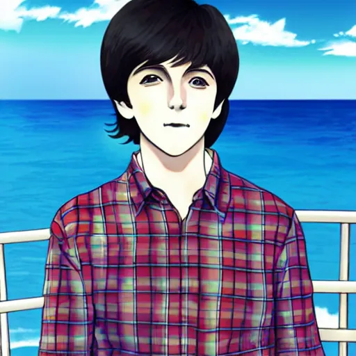 Image similar to anime illustration of young Paul McCartney from the Beatles, wearing a blue and white check shirt, on a yacht at sea, relaxing and smiling at camera, white clouds, ufotable