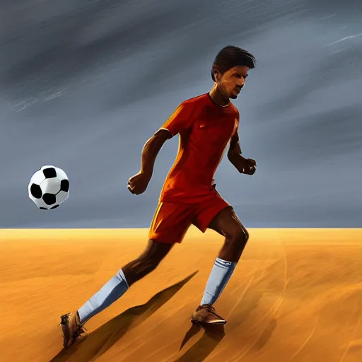 Image similar to a man playing a soccer in the desert, digital art, concept art