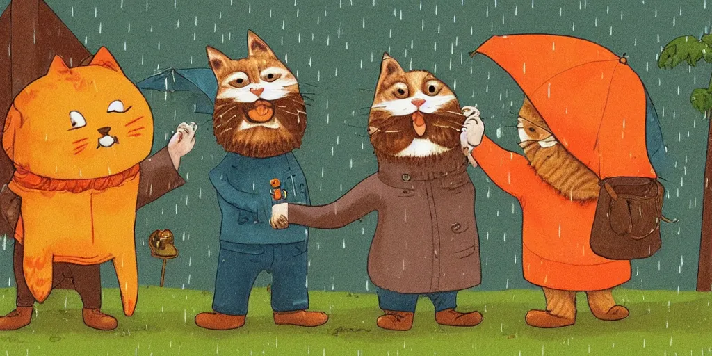 Image similar to a bearded man and an orange tabby kitten standing in the rain by richard scarry