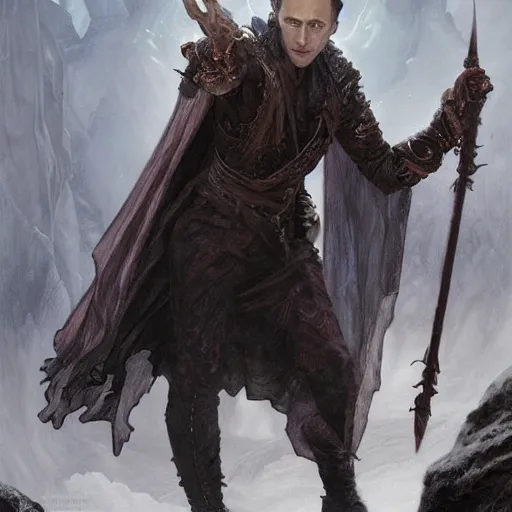 Image similar to tom hiddleston as a necromancer, summoning undead, glacier landscape, d & d, fantasy, intricate, elegant, highly detailed, digital painting, artstation, concept art, matte, sharp focus, illustration, art by artgerm and greg rutkowski and alphonse mucha