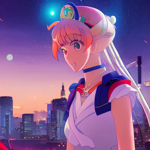 Image similar to portrait of sailor moon, city background, rich vivid colors, ambient lighting, dynamic lighting, 4k, HQ, official media, anime key visual, makoto shinkai, ilya kuvshinov, lois van baarle, rossdraws, detailed, trending on artstation