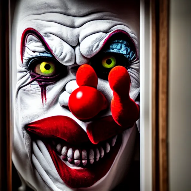 Prompt: scary clown hiding in bedroom cupboard, highly detailed, 8 k, hdr, smooth, sharp focus, high resolution, award - winning photo