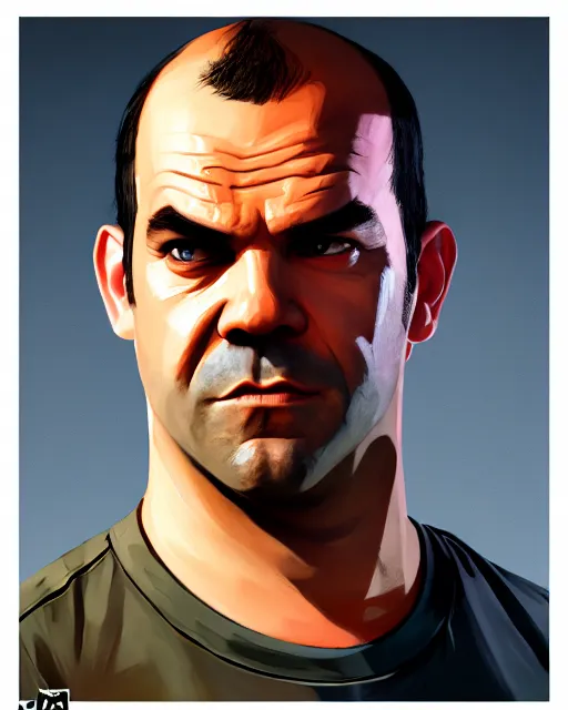 Image similar to painting portrait of trevor from gta 5, cartoon, warm lighting. movie poster, illustration by bartek fedyczak, erak note, tooth wu, neil richards, kan liu, siwoo kim, jisu choe, trending on art station