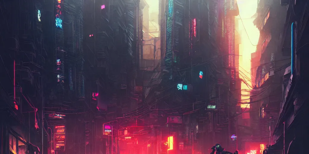 Prompt: cyberpunk streets of manila, detailed intricate illustration, dark atmosphere, detailed illustration, hd, 4 k, digital art, overdetailed art, by greg rutkowski, by loish, complementing colors, trending on artstation, deviantart