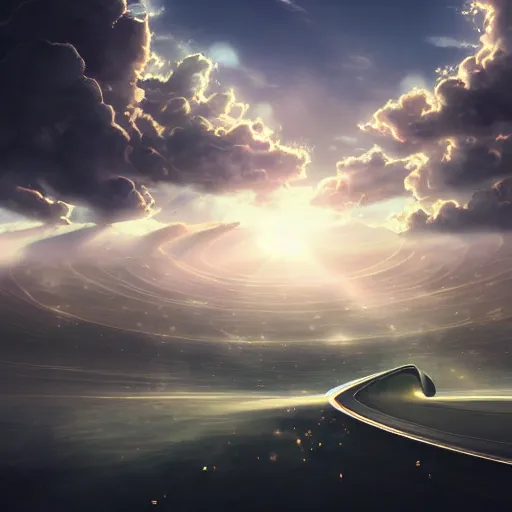 Image similar to beautiful surreal scenery artwork pixiv. gigantic architectural modern design node network of cloud computing soul dust. unthinkable dream cloud computer infinites. sublime god lighting, sun rays, cold colors. insanely detailed, artstation!! pixiv!! infinitely detailed