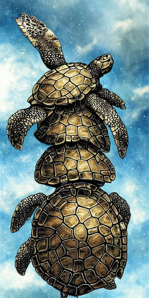 Prompt: a turtle with a metallic shell running in the middle of the rain, ornaments intricated, luis royo background sky airbrush art