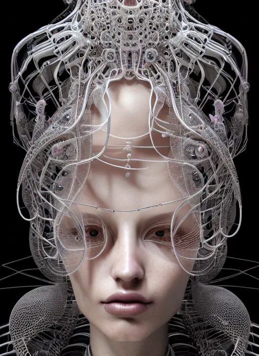 Image similar to portrait of an absurdly beautiful, graceful, sophisticated, fashionable cyberpunk mechanoid, hyperdetailed illustration by irakli nadar and vania zouravliov, matt wisniewski style, intricate linework, white porcelain skin, coral jellyfish headdress, unreal engine 5 highly rendered, global illumination, radiant light, detailed and intricate environment