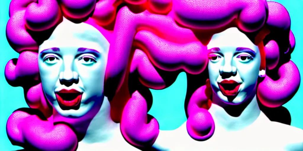 Prompt: modern sculpture, young woman as medusa as miranda sings, multiple poses, vaporwave, low resolution video from 2 0 0 3