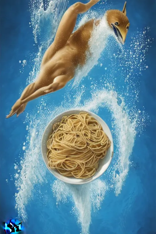 Prompt: olympic diving springoard, a tiny male diver is diving head down into a dish of pasta, detailed realistic sport art, artgerm