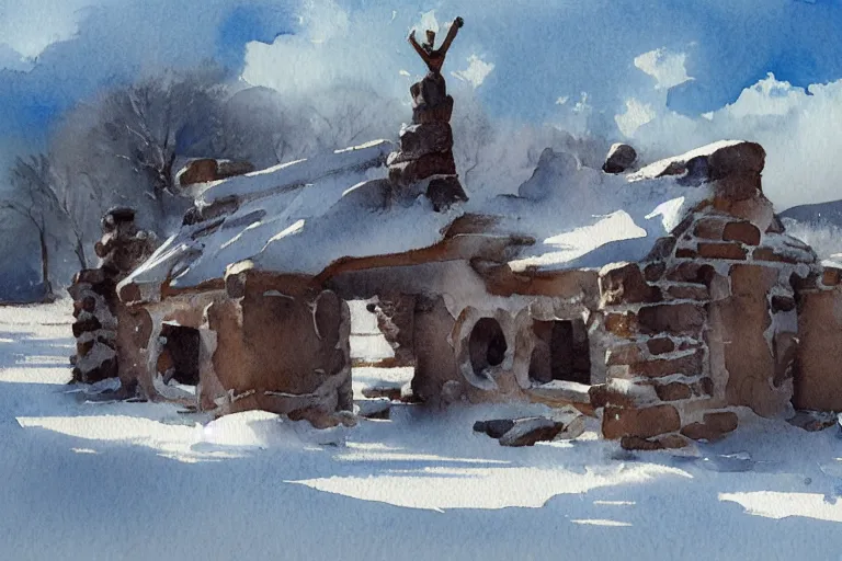 Prompt: small centered on watercolor paper, paint brush strokes, abstract watercolor painting of ancient viking house ruins in snow, daylight, blue sky, cinematic light, national romanticism by hans dahl, by jesper ejsing, by anders zorn, by greg manchess, by tyler edlin