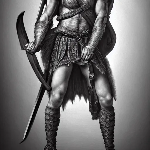 Image similar to renaissance full body portrait of a gruff ranger with a spear, lean and toned, handsome face, hairy chest and hairy body, D&D, intricate, elegant, highly detailed, digital painting, artstation, concept art, matte, sharp focus, chiaroscuro, well list, sharp detail, illustration, art by Da Vinci, Artgerm and Greg Rutkowski and Alphonse Mucha