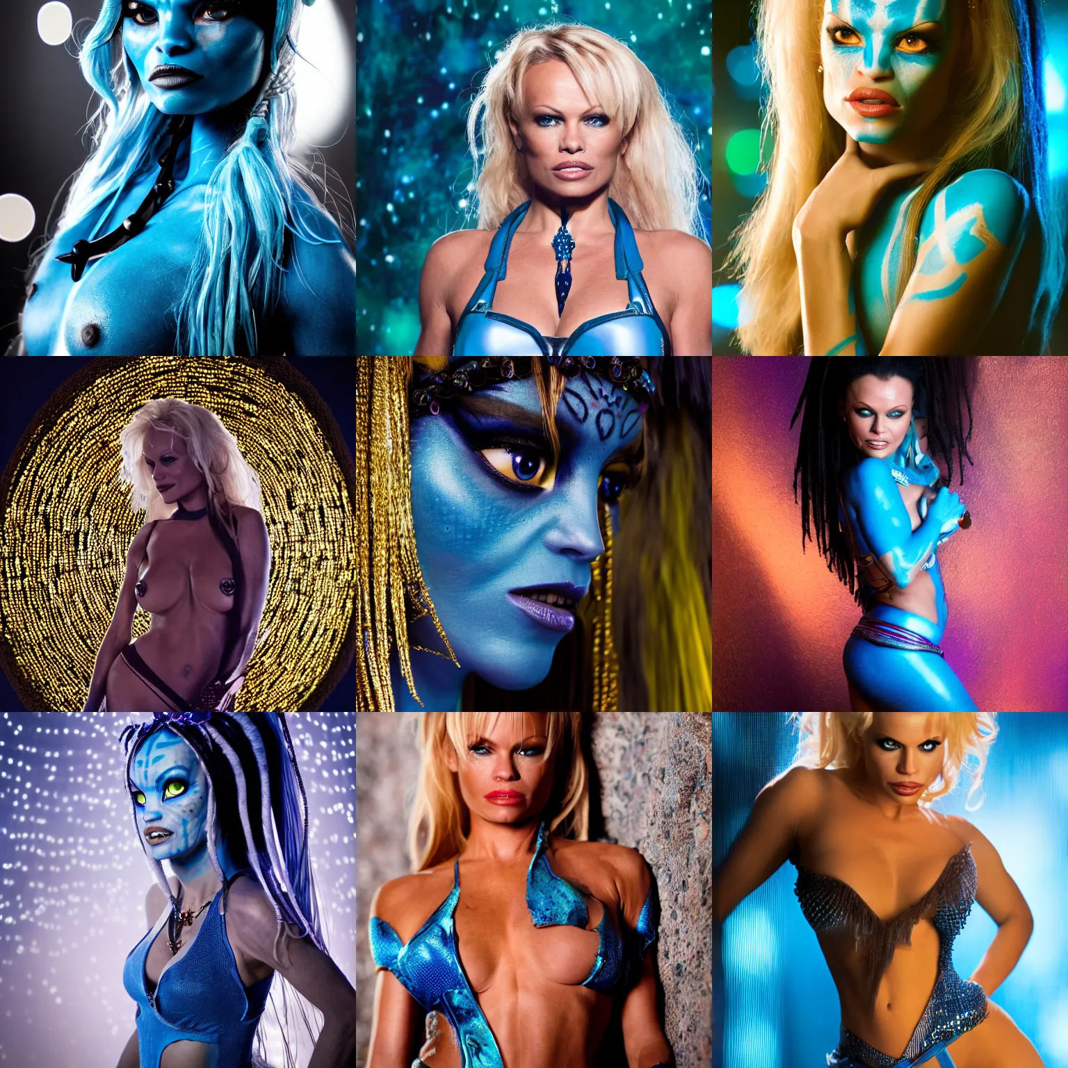 Prompt: A studio photo of Pamela Anderson as Avatar’s Neytiri, bokeh, 90mm, f/1.4