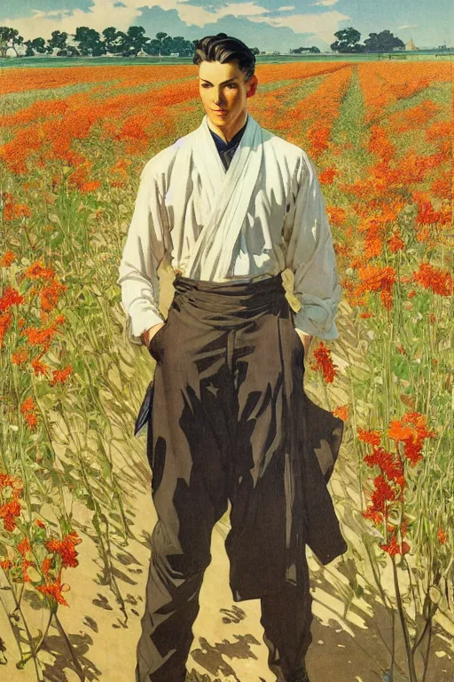 Prompt: attractive man in flower field, painting by j. c. leyendecker, yoji shinkawa, katayama bokuyo