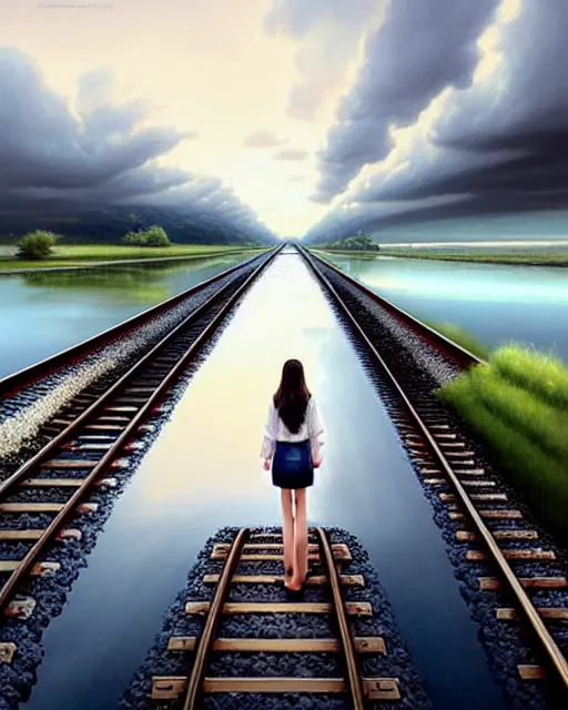 Image similar to shallow reflective water completely covers submerged train tracks that are barely visible as a girl carries her shoes, there is a train station in the distance and large white clouds on a wide horizon, intricate, elegant, highly detailed, digital photo, artstation, concept art, smooth, sharp focus, art by artgerm and greg rutkowski and fra angelico