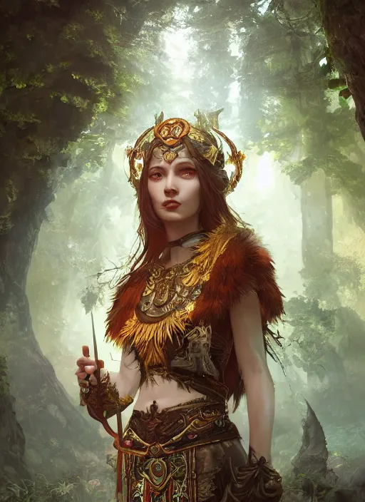 Image similar to Beautiful art portrait of a female fantasy priestess in a bright temple surrounded by lush forest, atmospheric lighting, intricate detail, cgsociety, hyperrealistic, octane render, RPG portrait, ambient light, dynamic lighting