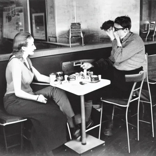 Image similar to kodachrome photo of a man and his wife talking about cats at a budy coffe shop