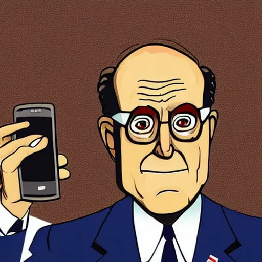 Prompt: close - up portrait of rudy giuliani showing how cell phone, by chris ware