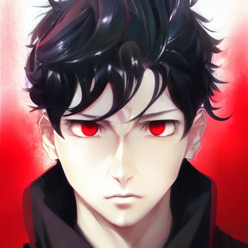 Image similar to anime portrait of a slick black hair guy with red eyes by stanley artgerm lau, wlop, rossdraws, james jean, andrei riabovitchev, marc simonetti, and sakimichan, trending on artstation