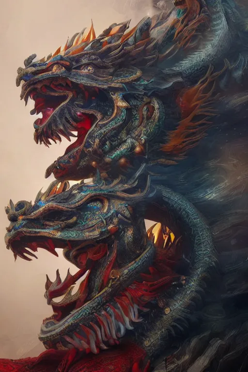 Image similar to chinese dragon god, close - up portrait, powerfull, intricate, elegant, volumetric lighting, scenery, digital painting, highly detailed, artstation, sharp focus, illustration, concept art, ruan jia, steve mccurry