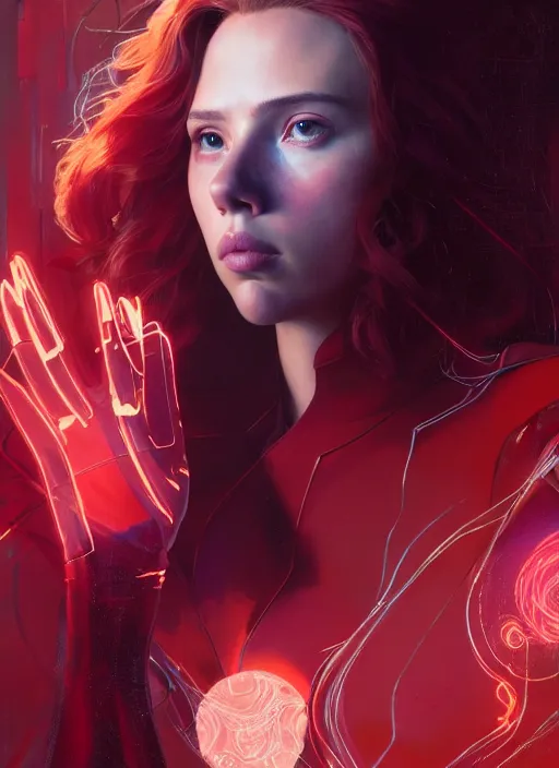 Image similar to character design by james jean, jakub rebelka, tran nguyen, yoann lossel, wadim kashin ( ( ( portrait of scarlett johansson as scarlet witch from avengers endgame ) ) ) emerging from a magic portal, sharp edges. ultra clear detailed. 8 k. ultra detailed, majestic, seductive