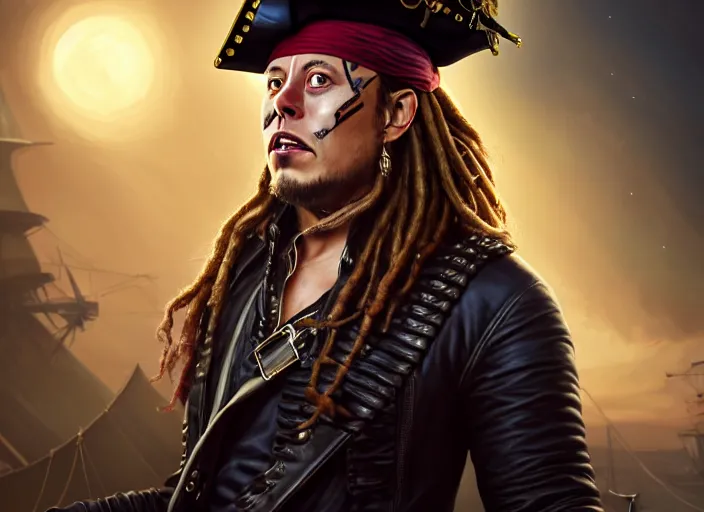 Prompt: highly detailed portrait of Elon Musk as a dread pirate captain, proudly posing at the helm of his frigate wearing a pirate hat, full body, artstation, cinematic lighting, hyperdetailed, cgsociety, 8k, high resolution, insanely detailed and intricate, concept art, smooth, sharp focus, illustration, art by John Collier and Albert Aublet and Krenz Cushart and Artem Demura and Alphonse Mucha