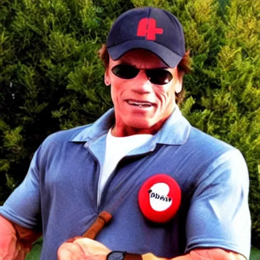 Image similar to Arnold Schwarzenegger dressed up as Ash Ketchum, sceme from the film Pokemon Terminator Trainer