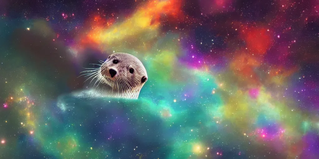 Prompt: an otter floating in space with a nebula in the background, film still, digital painting, concept art