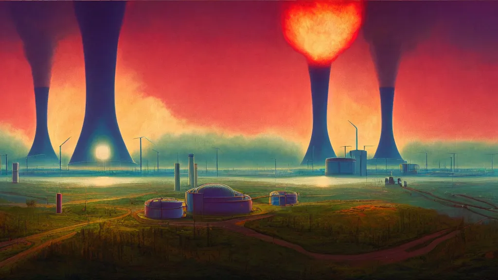 Prompt: A nuclear power plant in utopia by Simon Stålenhag and J.M.W. Turner, oil on canvas; Nuclear Fallout, Art Direction by Adam Adamowicz; 4K, 8K Ultra-Realistic Depth Shading