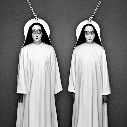 Prompt: award winning photo Floating twin nuns wearing pentgram necklace, Very long arms, in a sanctuary, eerie, frightening —width 1024 —height 1024