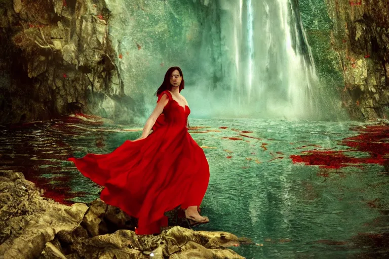 Prompt: a woman in a red dress is standing under the waterfall, post apocalypse, green everywhere, 4k, ultra details, cinematic, epic style, beautiful photo, hyper realistic, octane render, unreal engine, award winning, on artstation, volumetric lightning, masterpiece, golden hour,