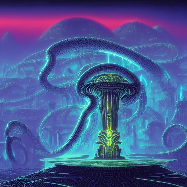 Image similar to mysterious glowing serpent over epic dark ancient city of bridges, infinite fractal tesseract, quantum waves, synthwave, bright neon colors, highly detailed, cinematic, tim white, vladimir kush, philippe druillet, roger dean, bob eggleton, michael whelan, boris vallejo, alfred kelsner, kubrick