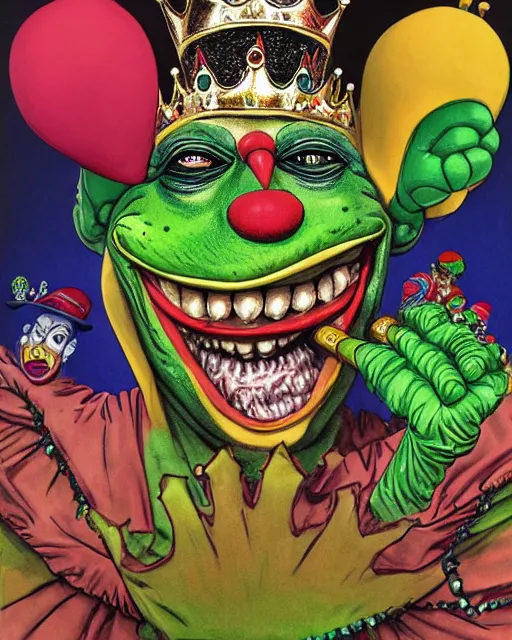 Prompt: Clown Frog King has his crown stolen by a gang of clowns, clown frog king wearing clown makeup and rainbow wig, clown king pepe, clown crown artwork by Glenn Fabry and Kentaro Miura