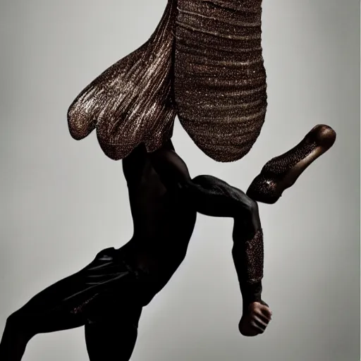 Prompt: a beautiful male dancer wearing iris van herpen couture, photographed by erwin olaf for vogue