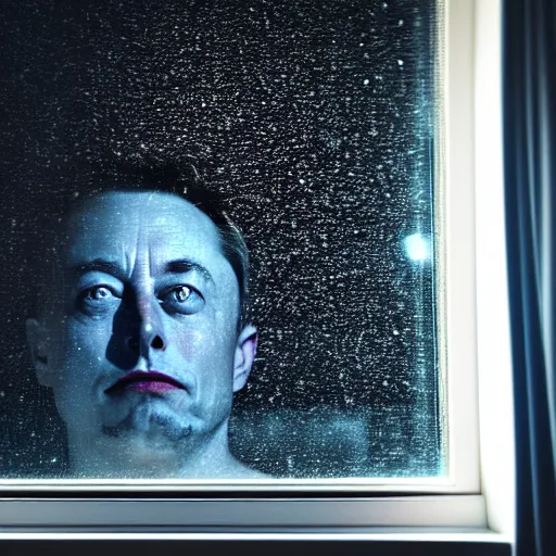 Image similar to dark photo of dark blue rainy bedroom window at night, creepy face of elon musk staring in through the window, horror, scary face,