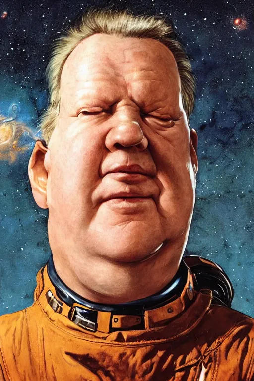 Image similar to upper body portrait of stellan skarsgård as baron harkonnen with oil running down his face wearing old leather spacesuit, detailed, sunshine, nebula space background, illustration by norman rockwell, artstation character art, john william waterhouse, concept art, greg rutkowski