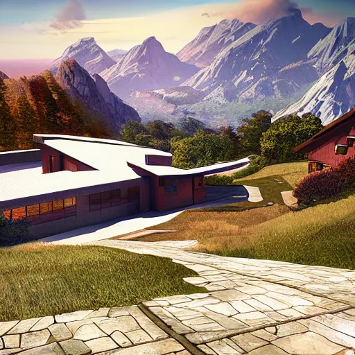 Image similar to alpine landscape with windy road and modern houses designed by frank lloyd wright scattered on the mountainsides, photo realism, dramatic lighting, from a dream, high quality digital art, unreal engine