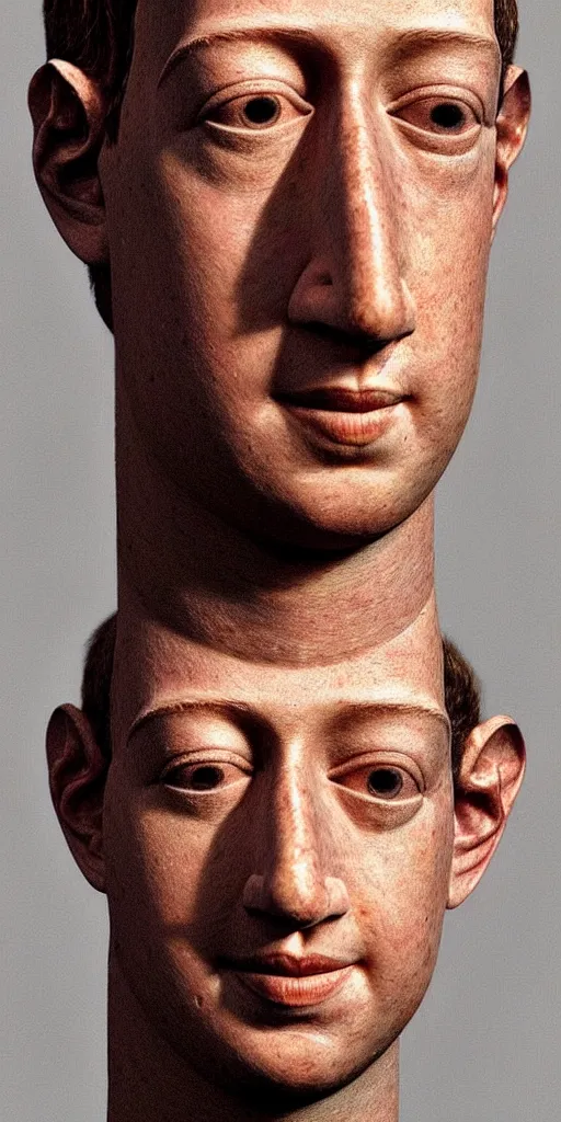 Image similar to very very beautiful portrait photo of 3d Mark Zuckerberg face made from primitive objects, Perfect face, extremely high details, realistic, by Giuseppe Arcimboldo, Edward Hopper, Rene Margitte,