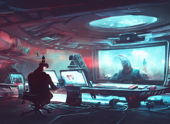 Prompt: a man sitting on a chair with things attached to his head, screens and monitors in front of him playing videos, ship interior, scifi, dramatic lighting, concept art, surreal