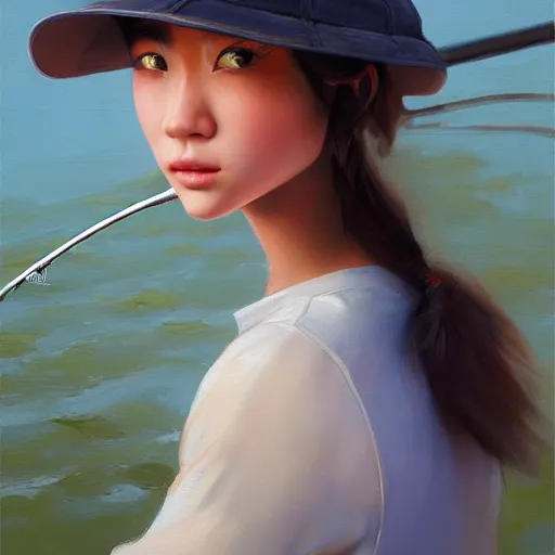 Image similar to oil painting by ilya kuvshinov,, baugh casey, artgerm craig mullins, coby whitmore, of a youthful japanese girl, long hair, fishing and wearing fisherman's outfit, fisherman's hat, highly detailed, breathtaking face, studio photography, noon, intense bounced light, water reflection, large tree casting shadow, serine intense sunlight