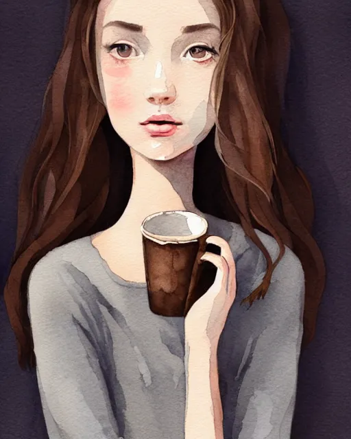 Image similar to a cozy watercolor painting of a pretty french girl with dark hair, wearing an oversized sweater, cuddled up by a windowsill making eye contact with the viewer, holding a mug of hot tea covering her lower face. In the style of ilya kuvshinov, dramatic lighting, fantasy, intricate, elegant, highly detailed, lifelike, photorealistic, digital painting, bokeh, HDR, high resolution, artstation, concept art, smooth, sharp focus, art by Krenz Cushart and Albert Aublet