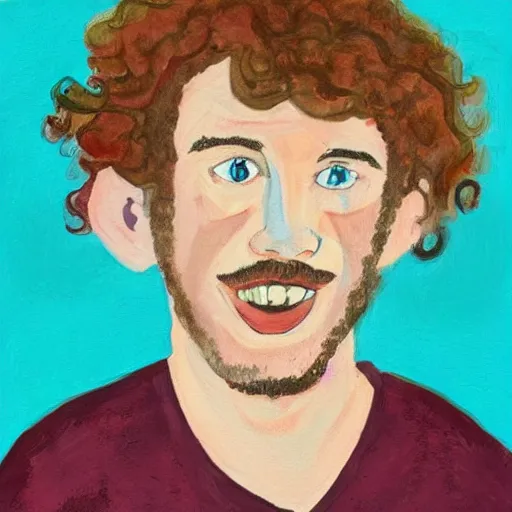 Image similar to painting by elizabeth peyton of a stressed young cute handsome beautiful strawberry blond medium very curly thick hair and slight mustache and slight beard man in his early 2 0 s wearing a blank maroon t - shirt with grey - blue eyes
