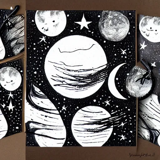 Image similar to phases of the moon wall hanging, astrology witchy whimsical illustration, black and white ink drawing