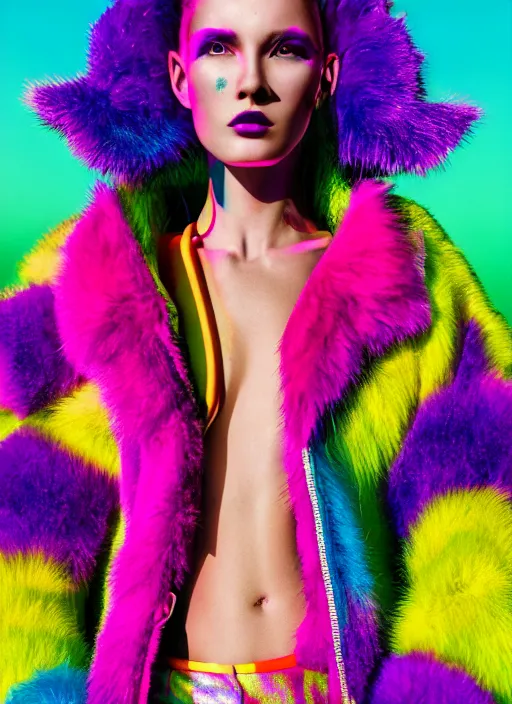 Image similar to stylish coat for a rave, bright colors, many details, prints, photo for a magazine, photo for a store, fashion photography, Vogue, 135 mm, cinematic, hyper realism, high detail, octane render, 8k, chrome accents, very coherent symmetrical artwork, perfect face model, full length photo, Upper and lower body, light skin tone