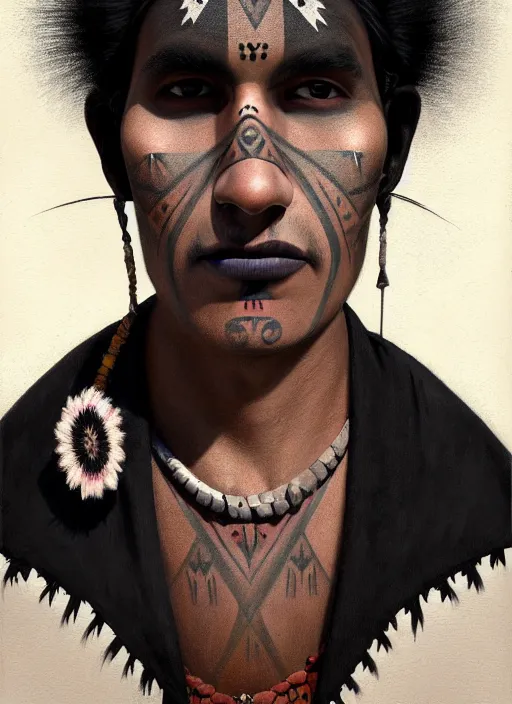 Image similar to portrait of an indigenous man with a crooked nose and a confident expression, 1 9 6 0 s, black clothes, goth, punk, brightly coloured hair, funk, intricate, elegant, highly detailed, digital painting, artstation, concept art, smooth, sharp focus, illustration, art by wlop, mars ravelo and greg rutkowski