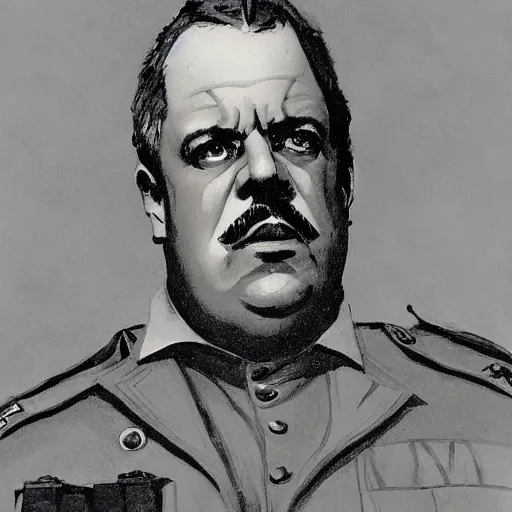 Image similar to gk chesterton as a buff mercenary in military gear. portrait by james gurney.