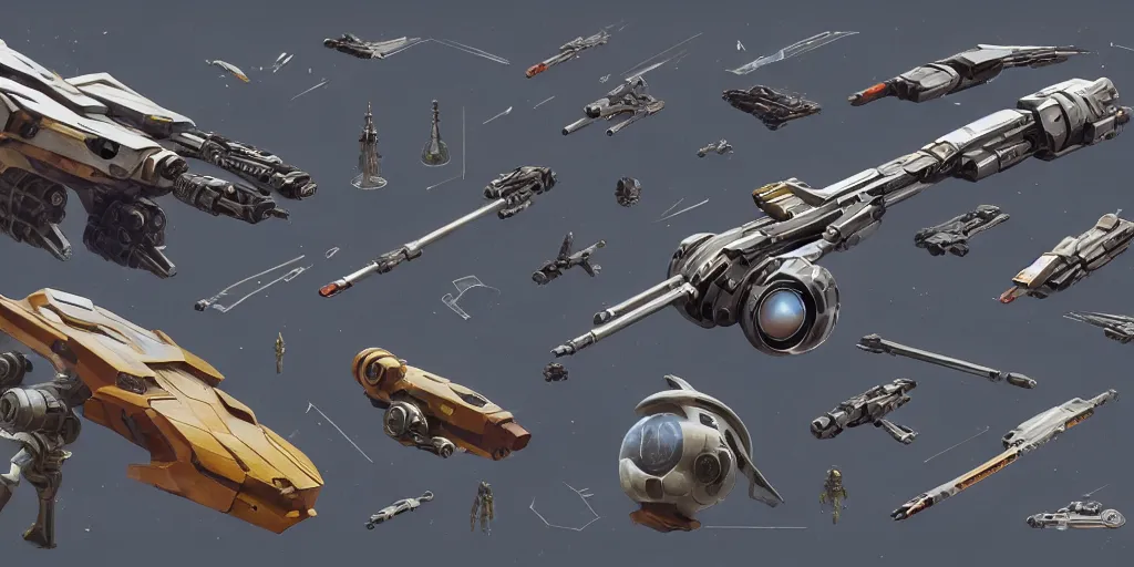 Image similar to futuristic sci - fi props and gadget, hard surface, collection, kitbash, parts, shape and form, in watercolor gouache detailed paintings, star citizen, modular, pieces, golden ratio, mobius, weapon, guns, destiny, big medium small, insanely details, wes anderson
