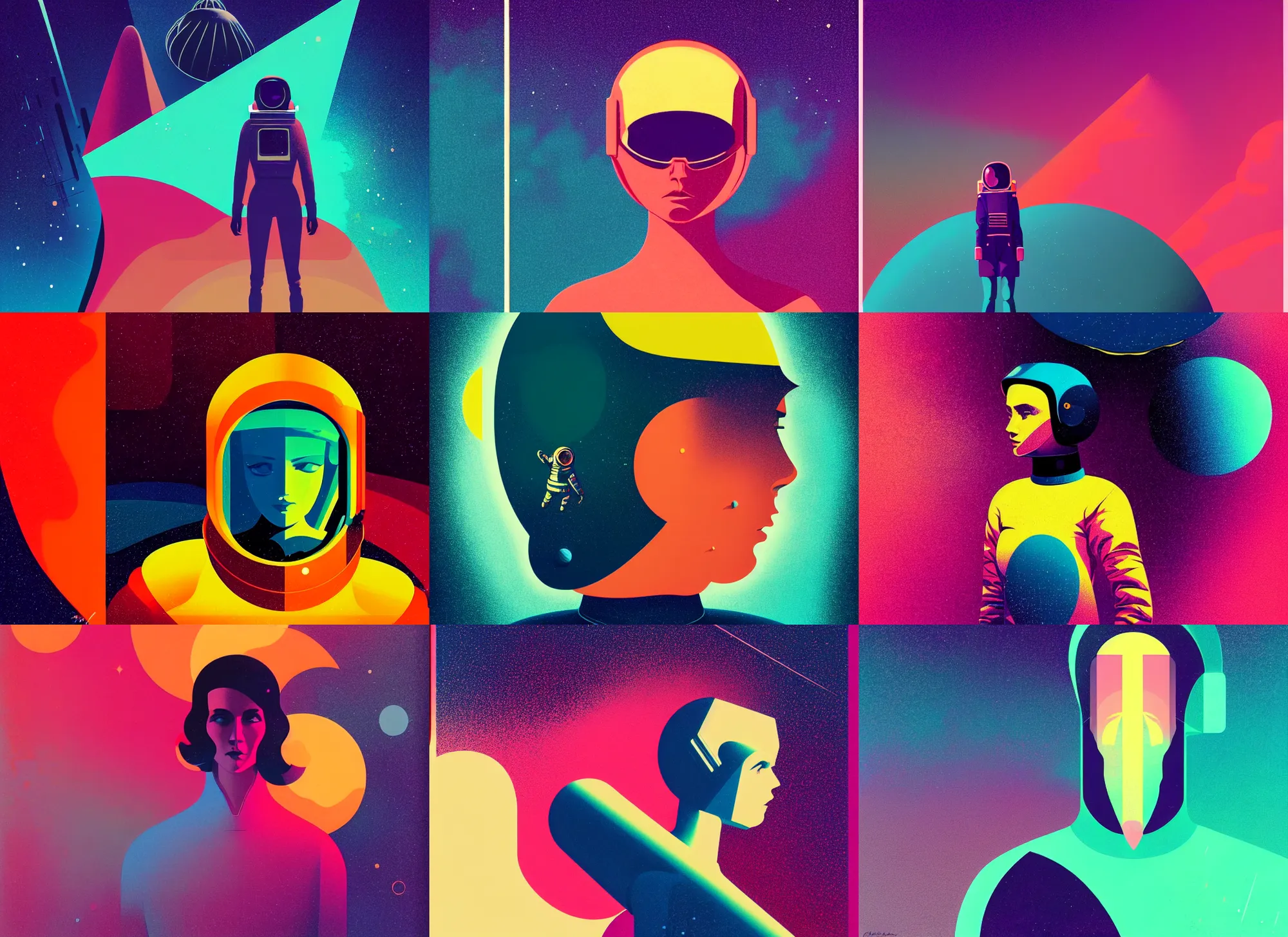 Prompt: ( ( strong dither ) ), editorial illustration of a young astronaut girl, colorful, modern art deco, ( ( mads berg ) ), christopher balaskas, victo ngai, strong texture, dynamic composition, detailed, dramatic lighting, matte print, dynamic perspective, muted color, lomography, muted colors, halftone, risograph