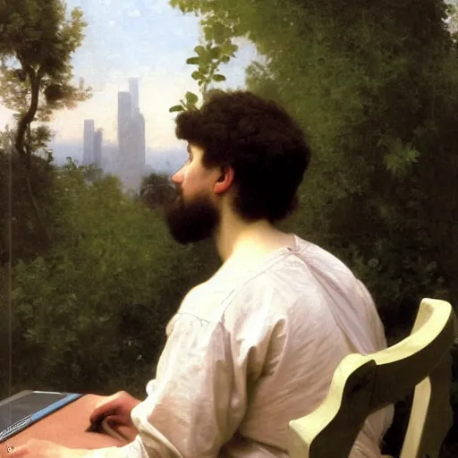 Image similar to an oil painting of an man playing a laptop, view from back, by Bouguereau, highly detailed and intricate,